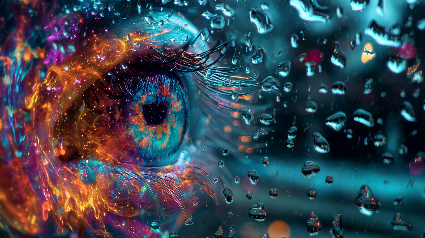 A luminous eye beside a rain-streaked window in teal and gold, the Universal Language of Mind image for rain in dreams