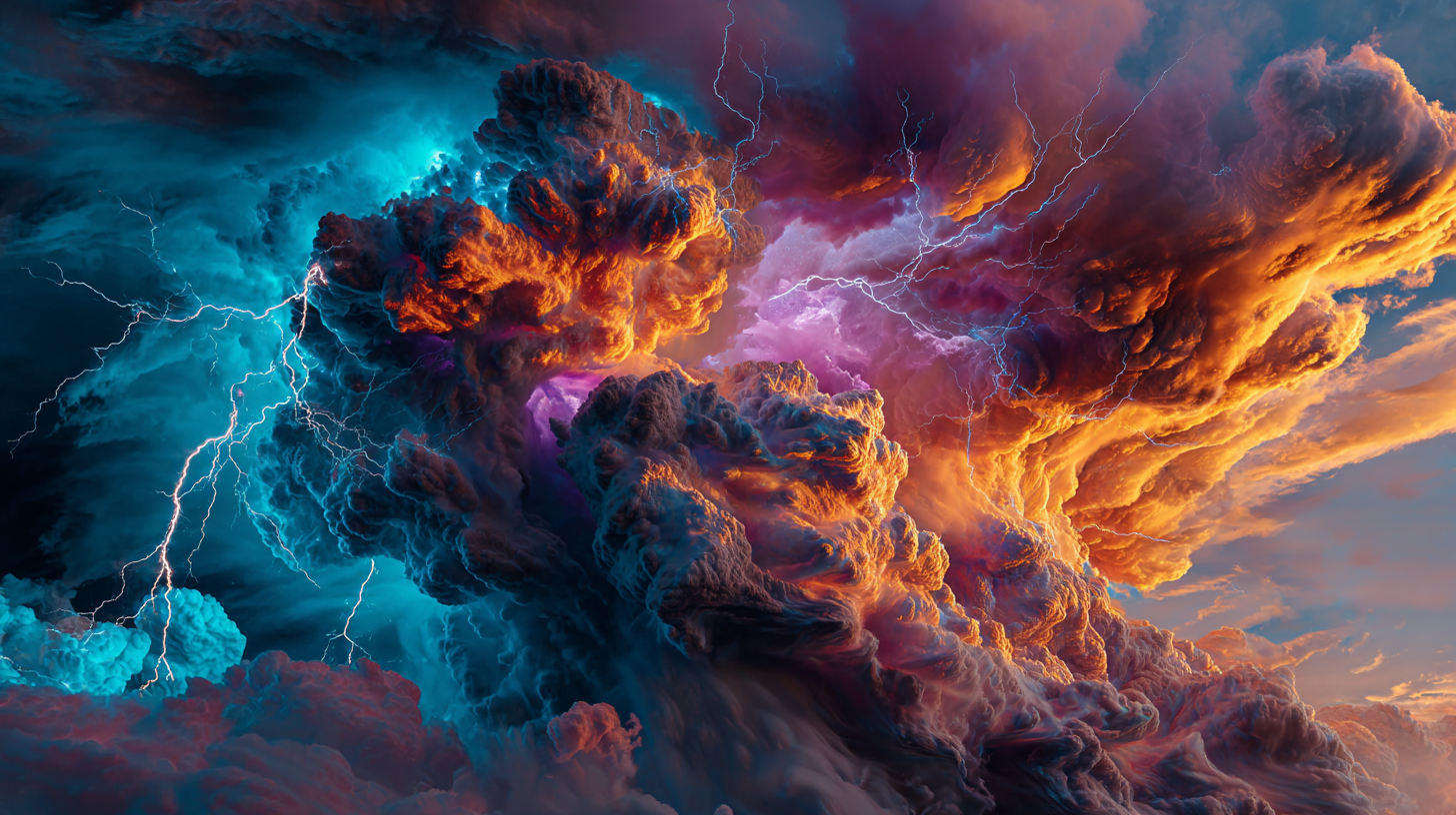 Surreal mystical depiction of a turbulent storm — black sky, wind, rain, lightning — symbolizing convergent inner turmoil in the Universal Language of Mind