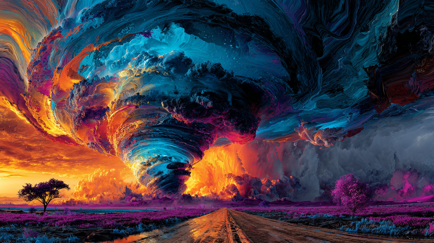 Towering tornado funnel descending from a churning sky over open ground, emotional upheaval dream symbol, mystical hyper surrealism, neon palette
