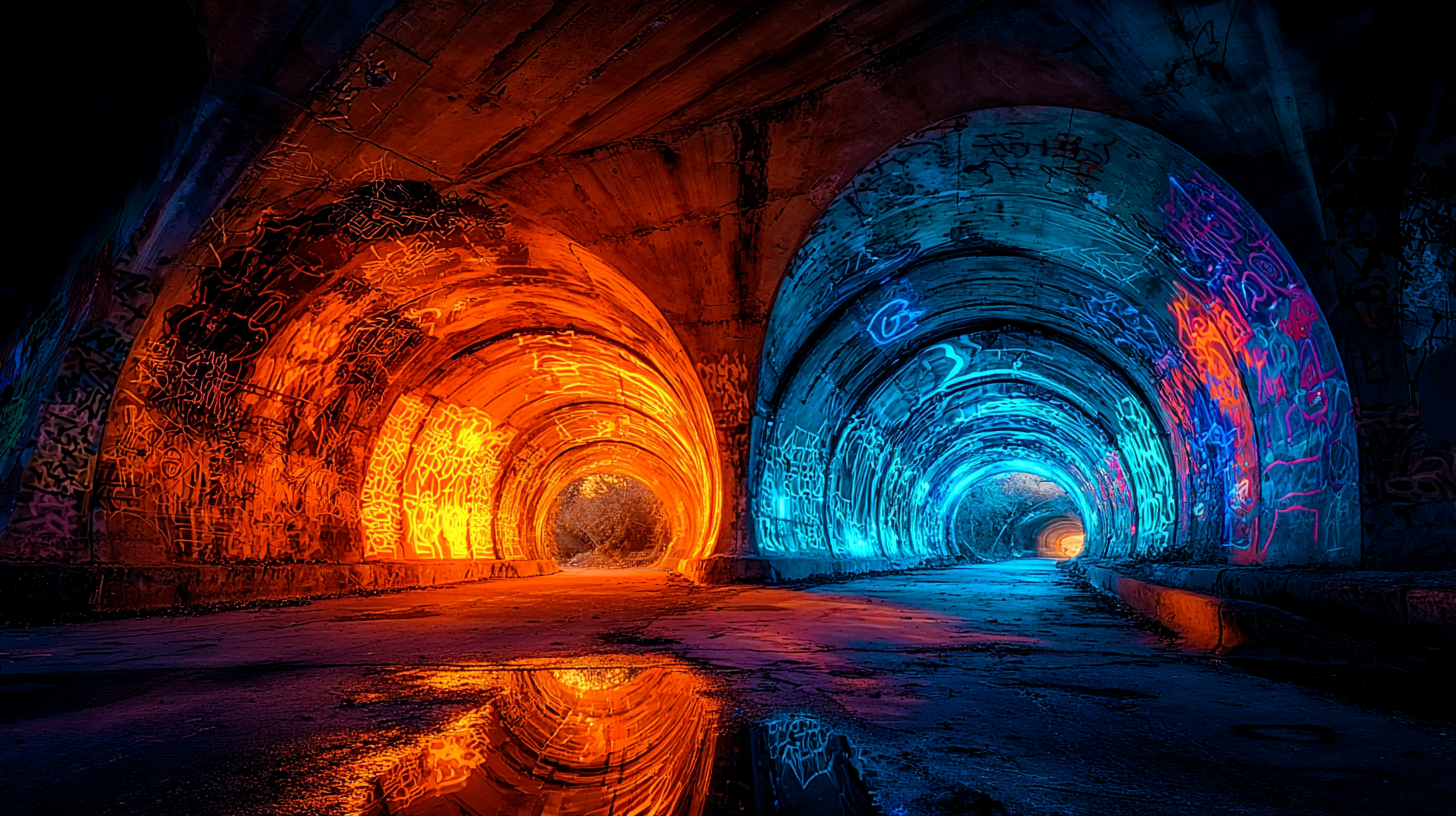 Deux tunnels côte à côte, l'un de feu et l'autre de lumière bleue, chacun reflété dans l'eau en contrebas : ce qui est envoyé revient sous la même forme