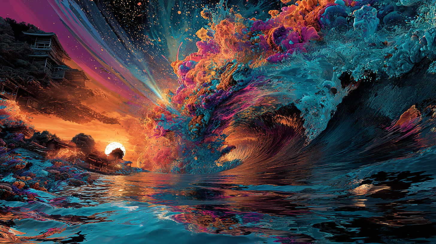 A vast iridescent wave rising over a hillside house at sunset, the Universal Language of Mind image for a flood in dreams