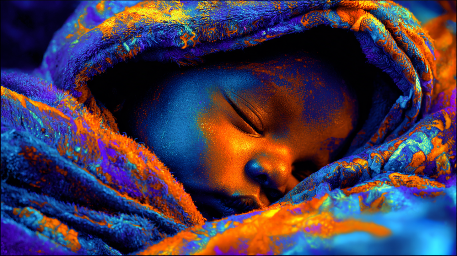 A luminous newborn baby rendered in vibrant mystical hyper-surrealist style, symbolizing the birth of a new inner quality in the Universal Language of Mind