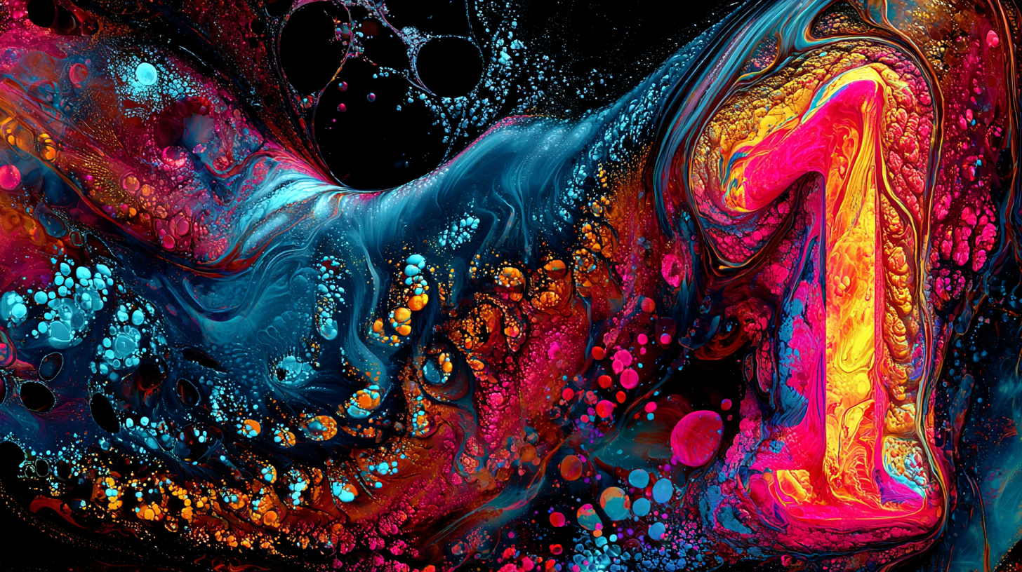 A glowing numeral one rising out of swirling molten pink, gold and blue fluid patterns - the number one in dreams