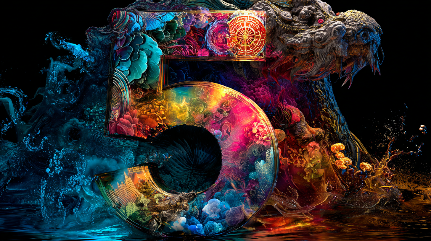 An ornate numeral five built from vivid coral and cosmic colour on black - five in dreams meaning