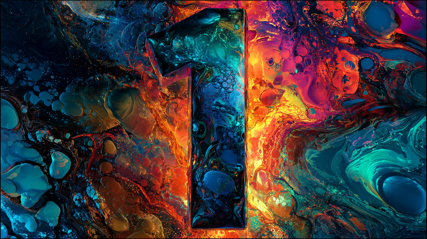 The numeral one rendered in glossy black and iridescent marbling against a fluid field of fire and turquoise — the number as a stage in the evolution of a thought