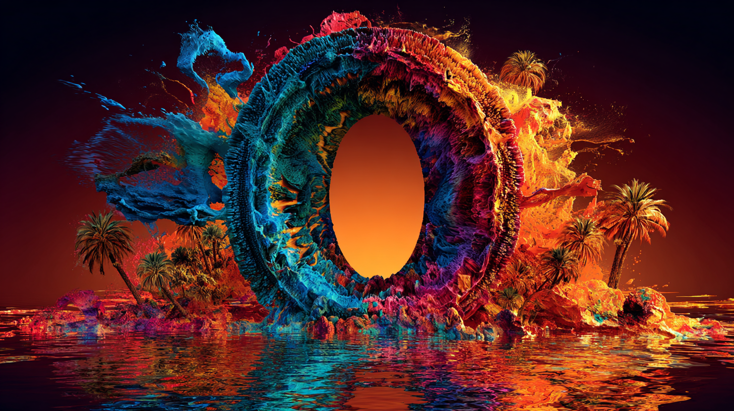 Un cero como un anillo grueso azul, rojo y naranja sobre un islote con palmeras, reflejado en agua quieta al atardecer