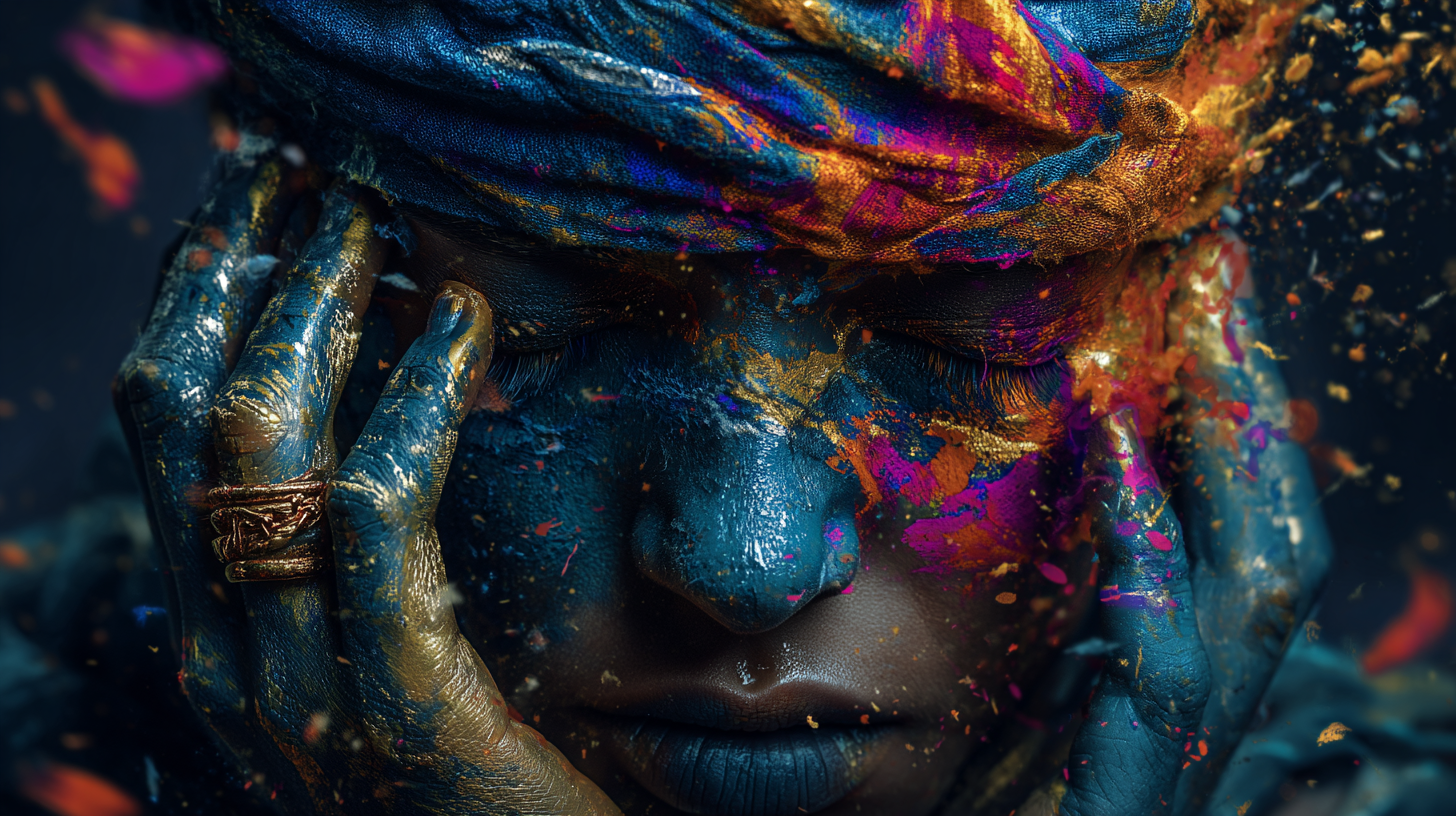 A face with a vivid painted cloth wrapped over the eyes, hands pressed to the face, skin splattered with blue, gold and magenta paint - blind in dreams meaning