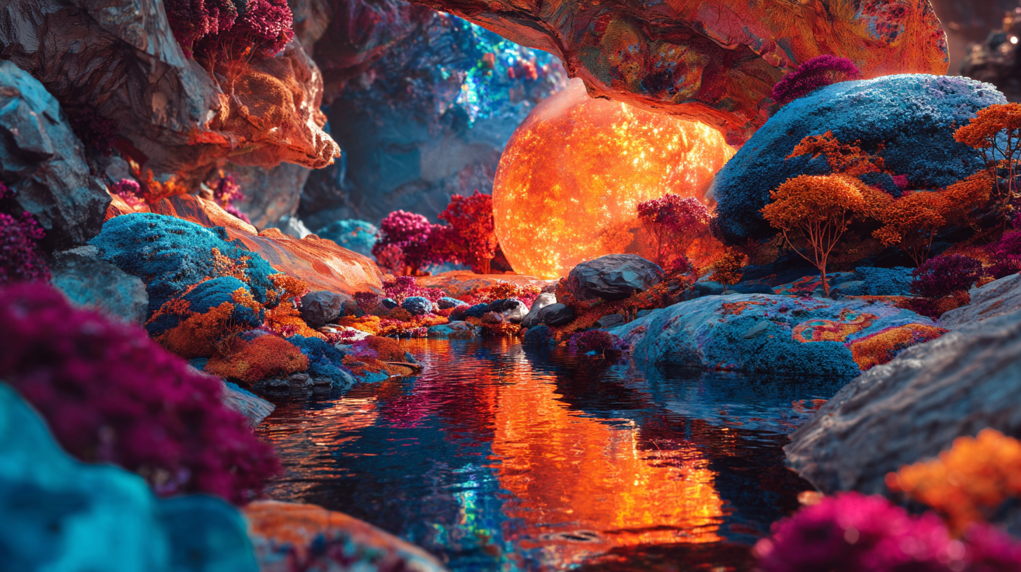 Glowing restorative spring in a vivid mineral grotto, the Universal Language of Mind symbol for negative thinking transforming into positive thinking