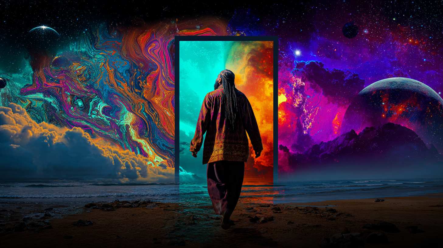 A figure walking a dark shoreline toward a glowing doorway under a cosmic sky - walking in dreams meaning