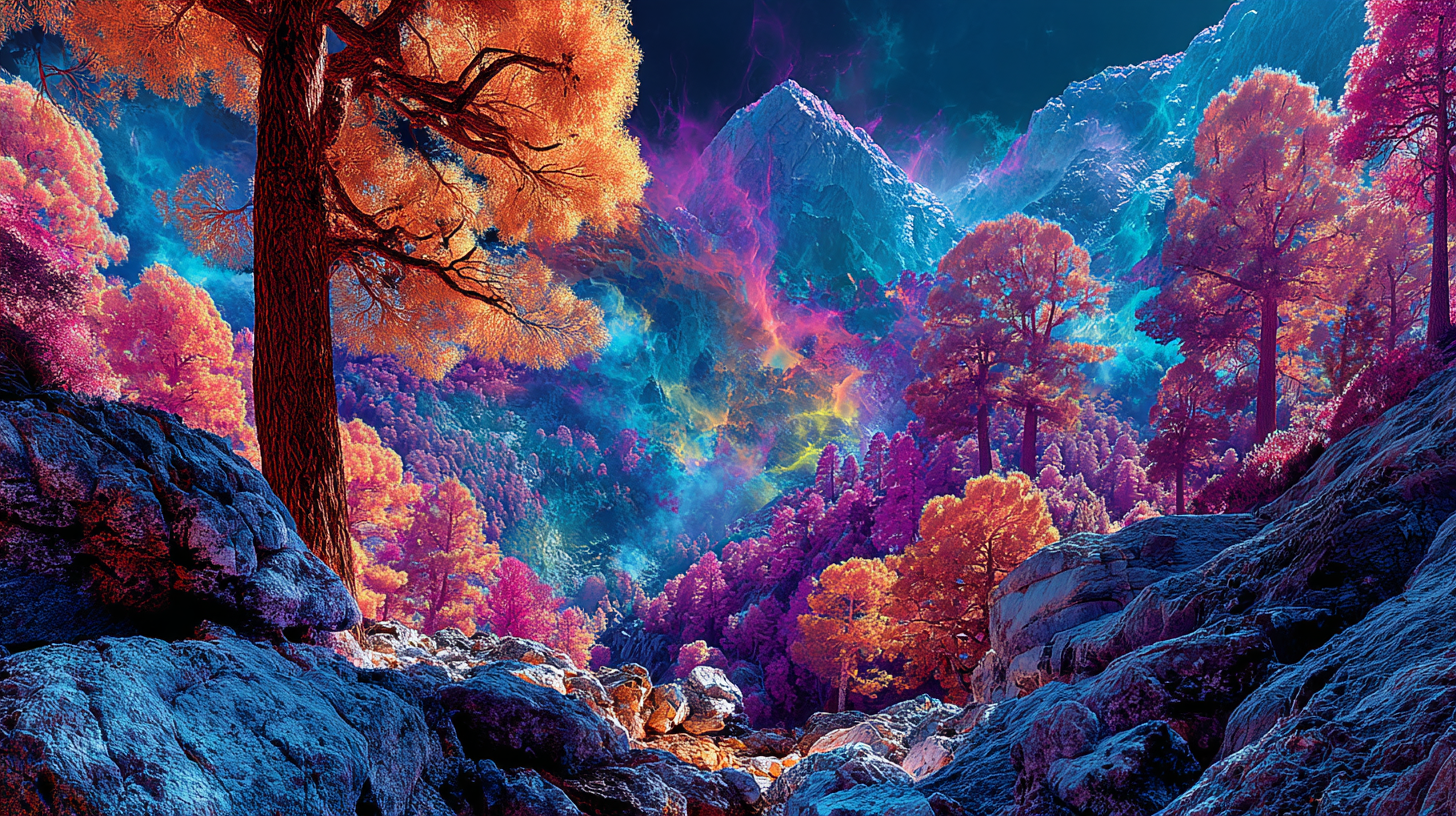 A vivid iridescent forest of orange and magenta trees below a luminous mountain, the Universal Language of Mind image for a forest in dreams