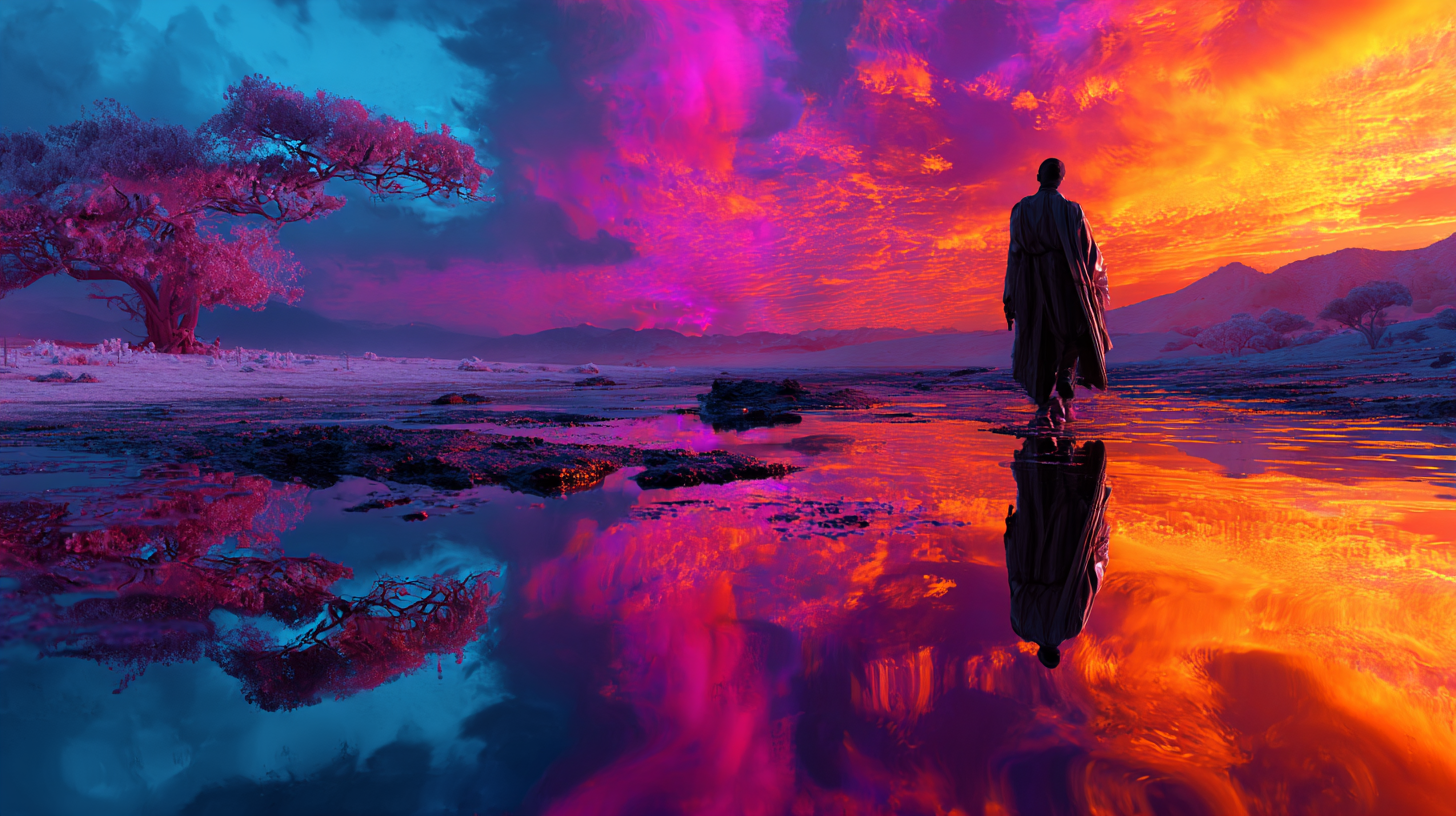 A lone figure standing on still water under a blazing sky, watching the reflection beneath their feet