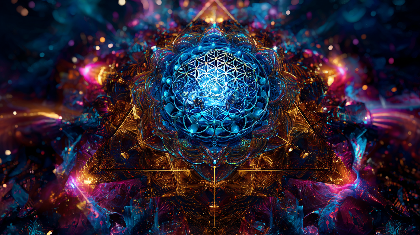 Un luminoso patrón de la Flor de la Vida en el centro de un vasto mandala geométrico cósmico, en el estilo hiper-surrealista místico de los artículos de CHITTA sobre la estructura de la mente y el Lenguaje Universal de la Mente.