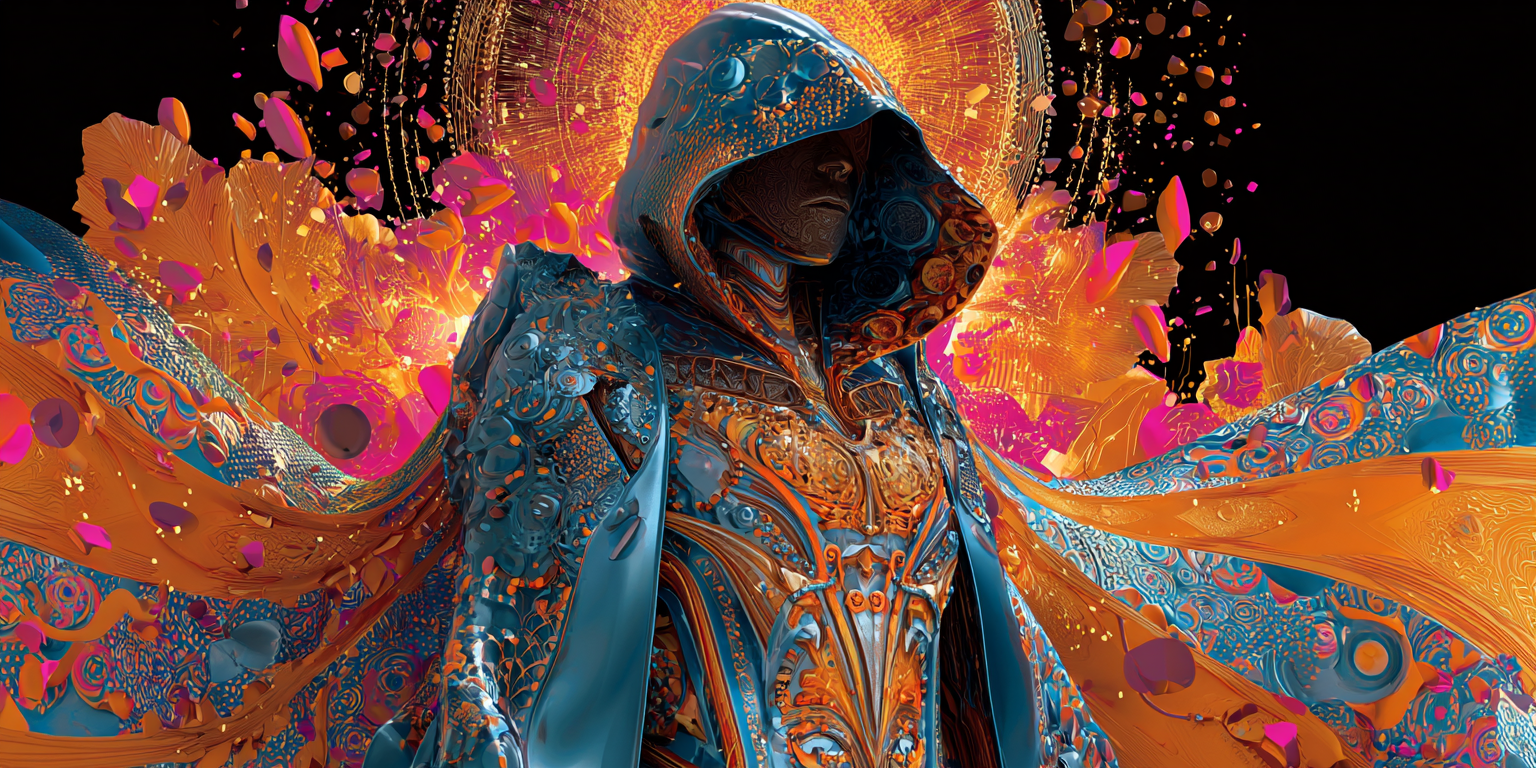 A luminous hooded figure haloed in gold, symbolising a departed loved one met in a dream