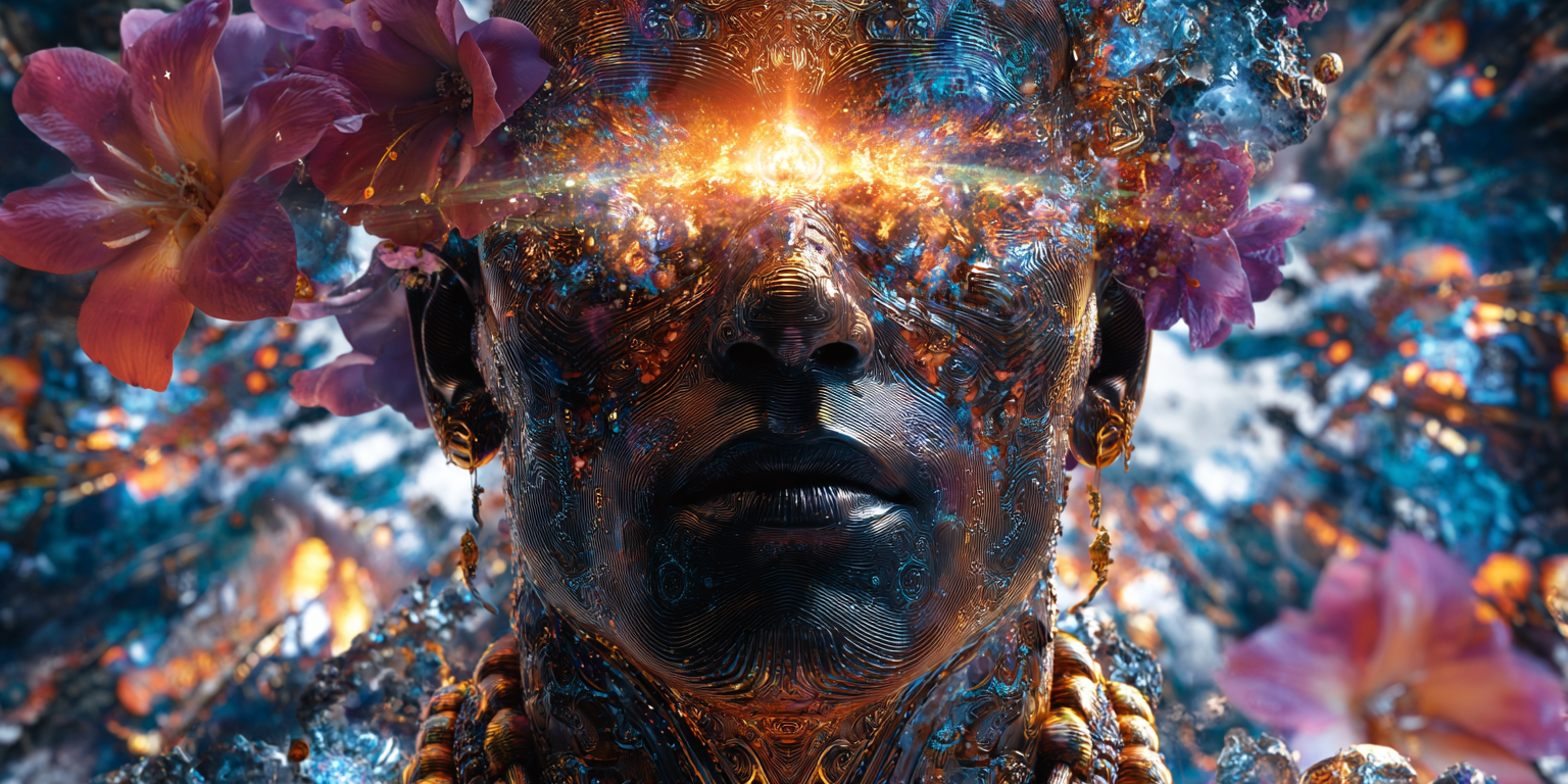 A face tilted upward, eyes replaced by a band of blazing light, ringed with flowers and ornate metallic detail — inner sight opening to the blueprint held in the superconscious mind