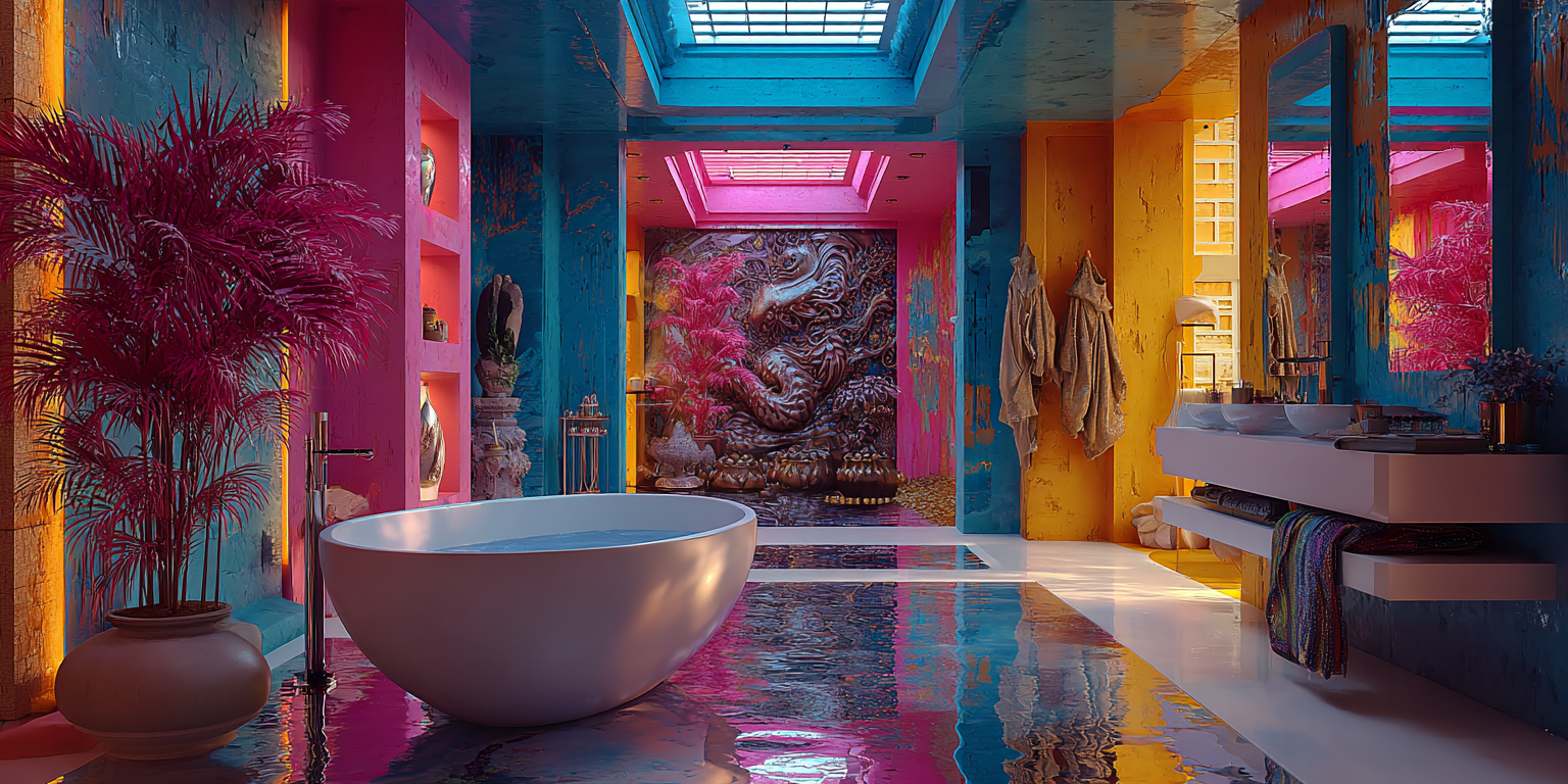 Mystical bathroom interior�symbol of releasing processed experience waste in the Universal Language of Mind