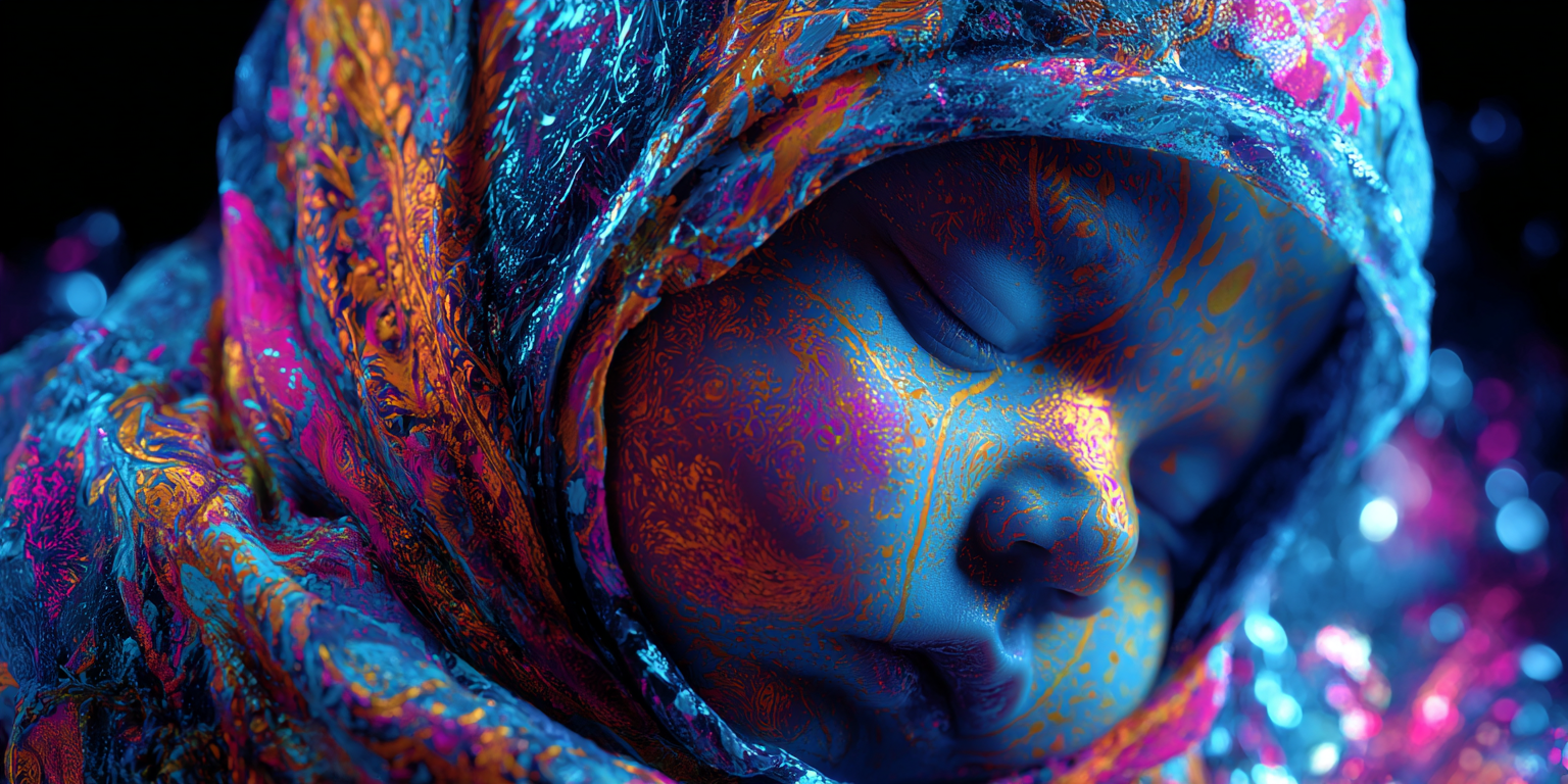 A swaddled sleeping newborn rendered in mystical hyper-surrealism, symbol of something new gestating in the dreamer