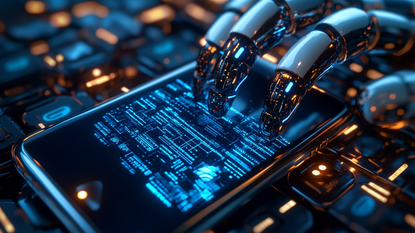 Chrome robotic hand touching a smartphone screen filled with code - AI dream interpretation accuracy, Universal Language of Mind