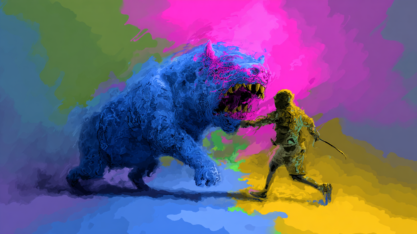 Surreal mystical depiction of being chased by a monster in a dream, symbolizing an avoided part of the self in the Universal Language of Mind