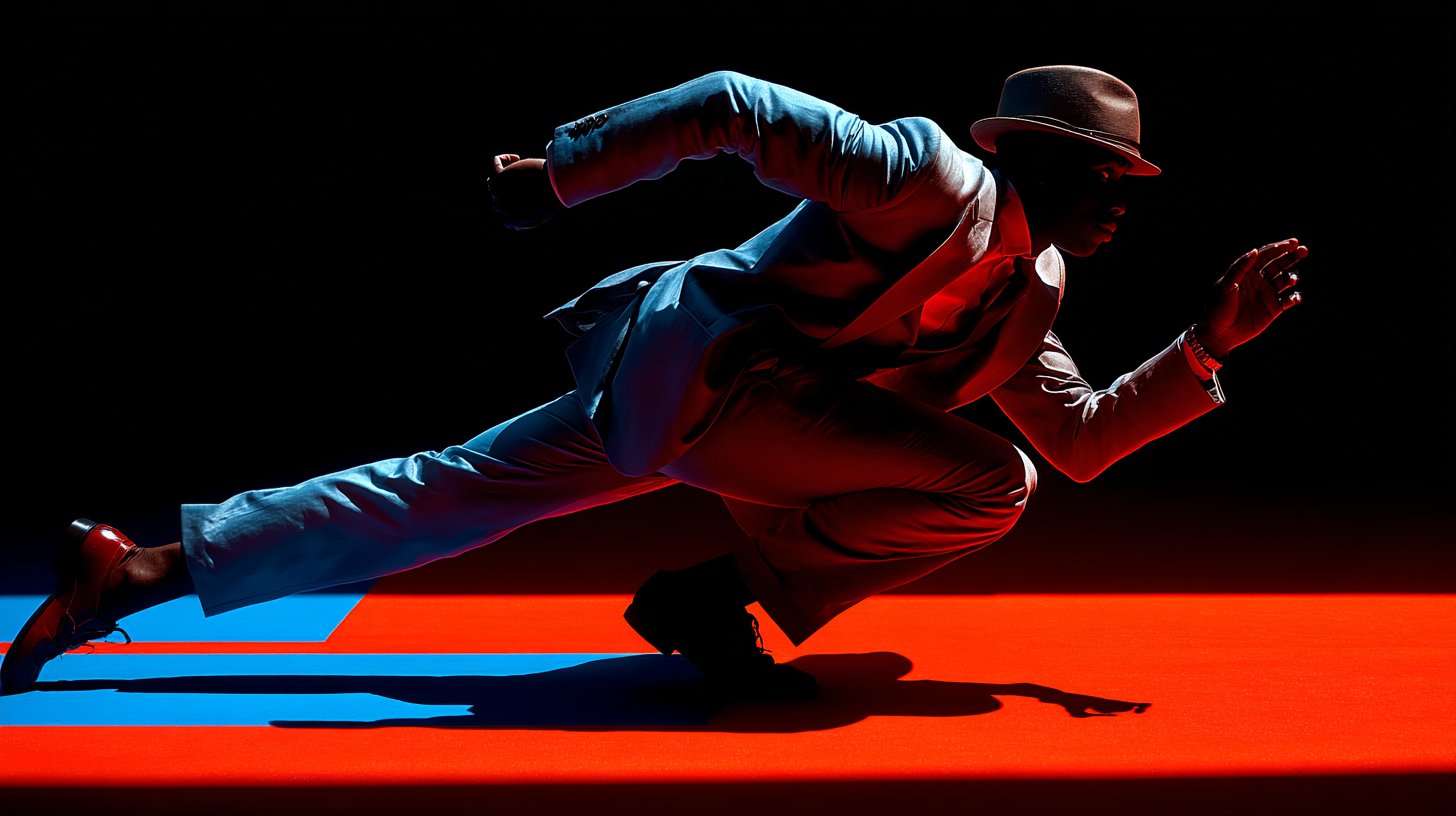 Man in suit and hat in dramatic running pose under red and blue chiaroscuro — symbolic running in a dream