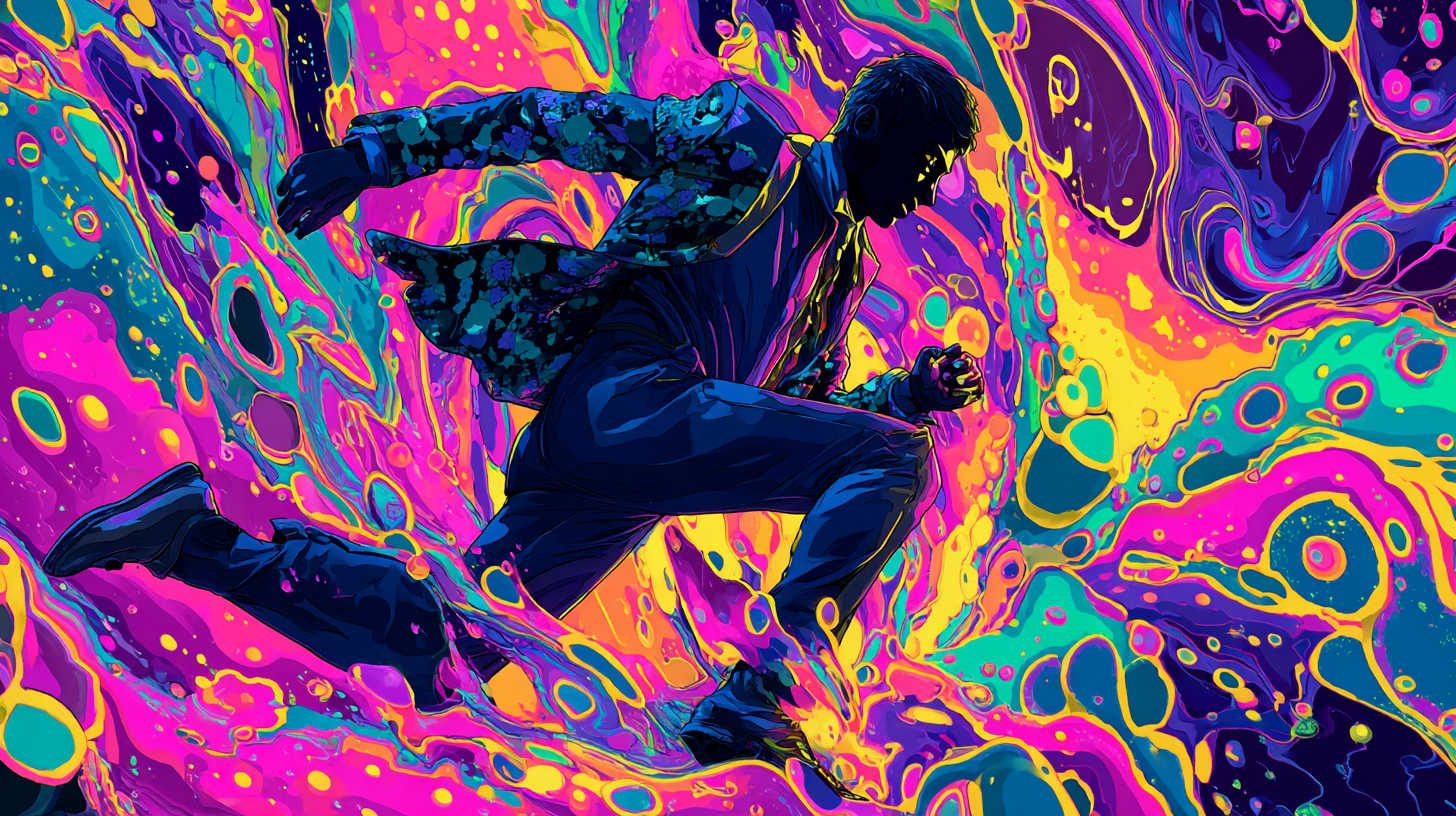 Figure running mid-stride across a swirling magenta and yellow field, the Universal Language of Mind symbol for moving toward goals or avoiding problems