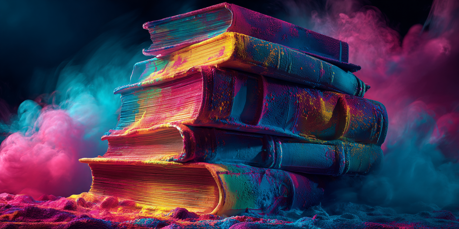 A stack of ancient leather-bound books glowing gold and magenta in drifting coloured smoke