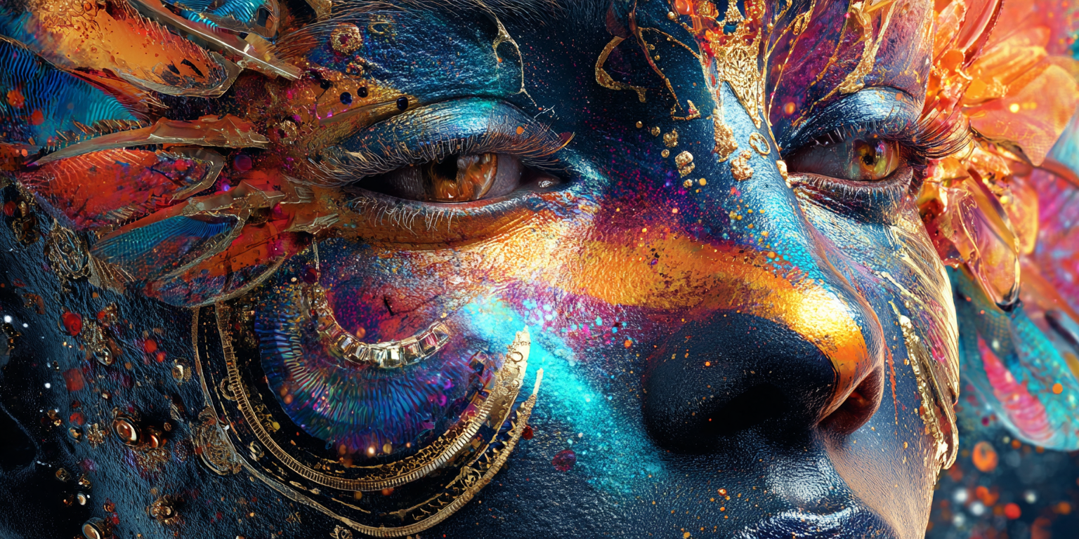 A close-up face painted in deep blue and gold, adorned with golden ornaments and iridescent wings - gold in dreams