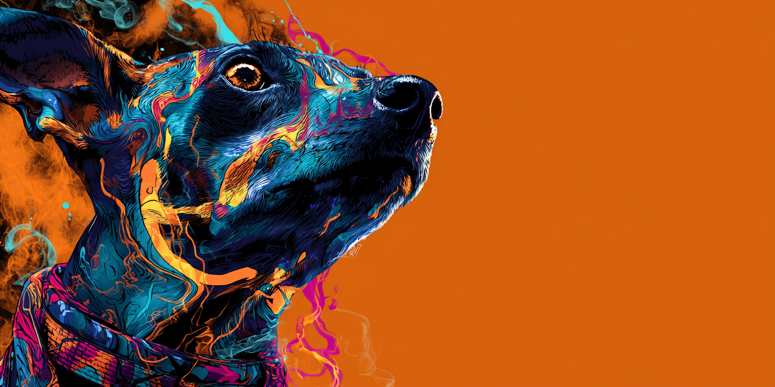 Perro ilustrado en tinta vibrante de perfil mirando hacia arriba, símbolo del hábito mental en el Universal Language of Mind