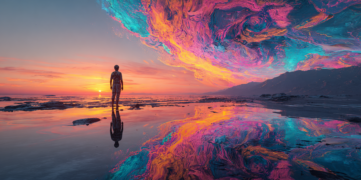 A figure standing on a mirror-clear expanse of shallow water reflecting a luminous sky, in the mystical surrealist style of the CHITTA dream symbol library
