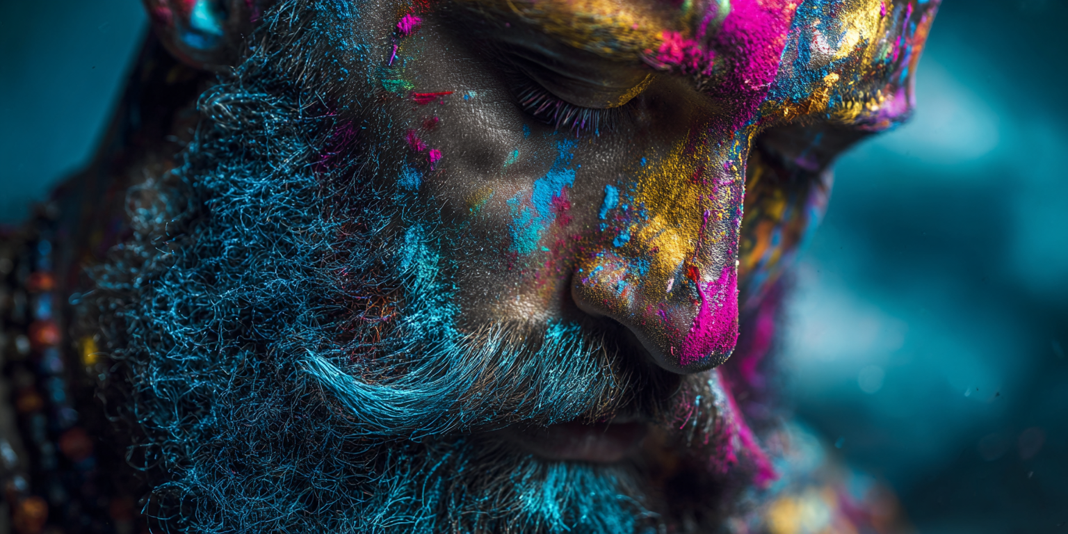 Surreal portrait of a bearded man with colorful pigment, symbolizing thoughts about identity in the Universal Language of Mind