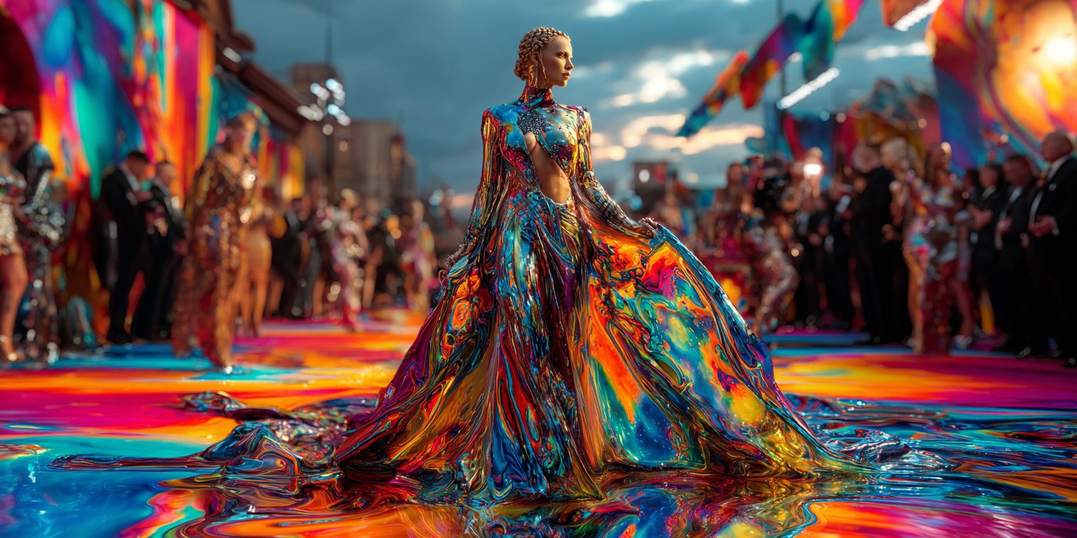 A celebrity in a flowing gown on a red carpet under vibrant paparazzi flashes, rendered in a mystical dreamlike style