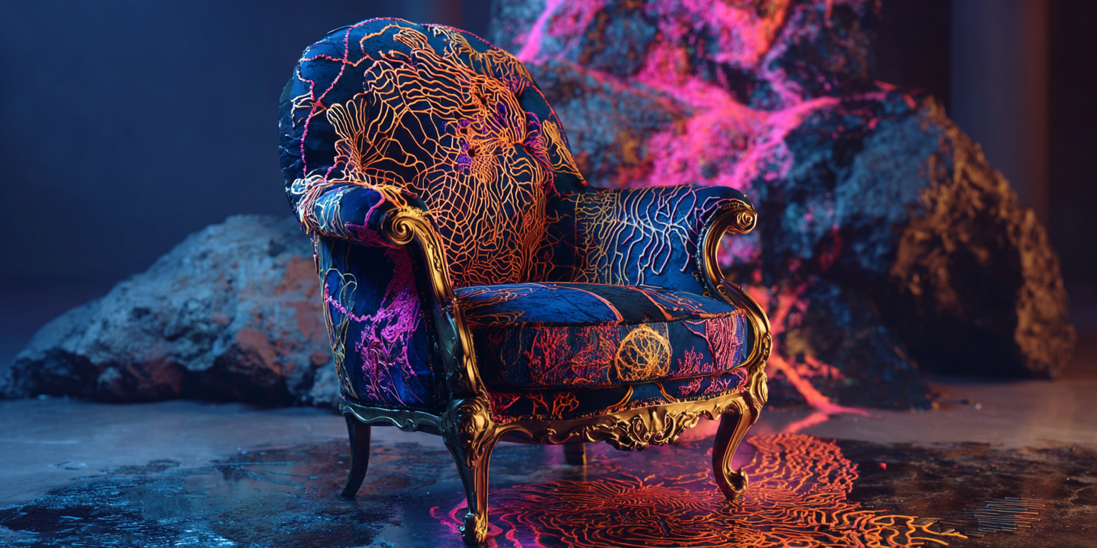 An ornate gold armchair upholstered in glowing blue and orange patterns, standing on a wet stone floor - furniture in dreams