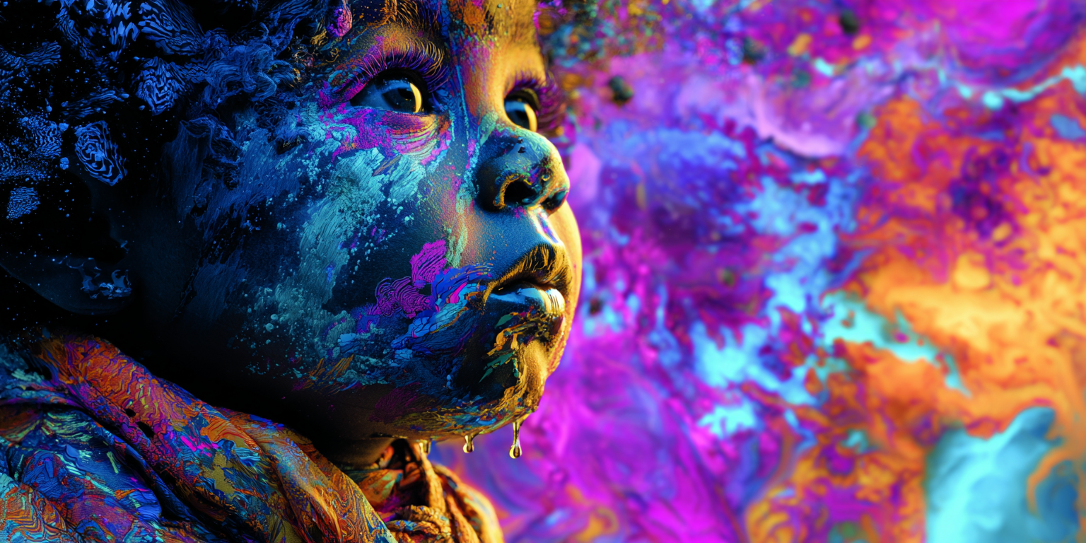 An infant's upturned face swirled in vivid paint against a molten colour field - dreaming about a baby you don't recognize