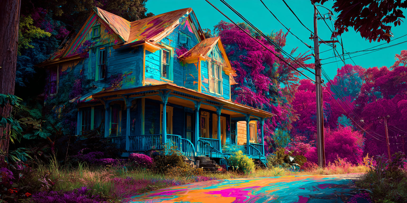 Two-storey clapboard house with a porch under a teal sky and magenta trees, the Universal Language of Mind symbol for your everyday state of mind