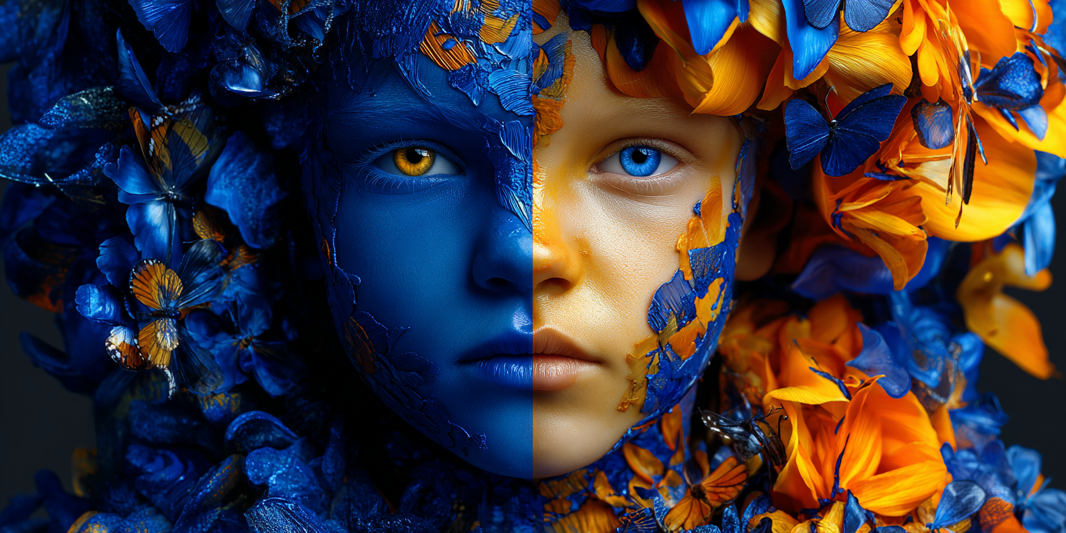 A face split down the middle into blue and gold halves, framed by butterflies and flowers - face in dreams