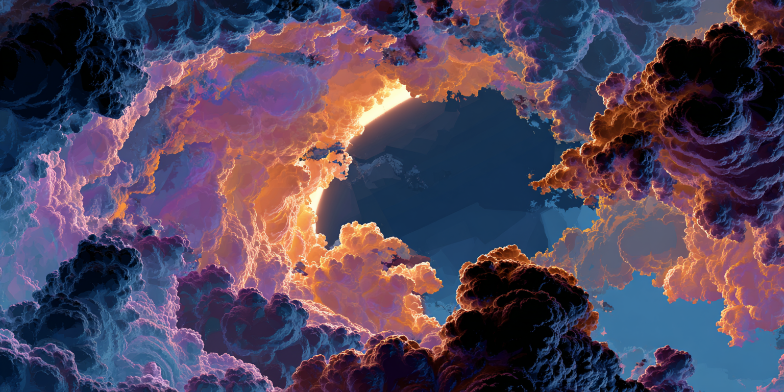 A vast luminous cloudscape with light breaking through, symbolising accumulated thought and the understanding behind it