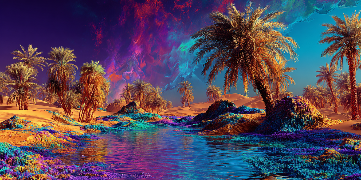 A still turquoise oasis lake ringed by palms and dunes under a cosmic sky - lake in dreams meaning
