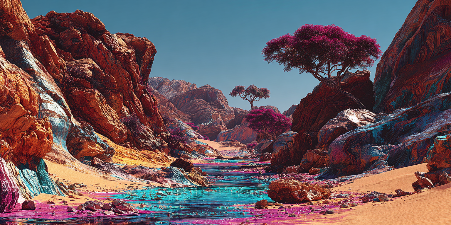 Un río turquesa y sinuoso que atraviesa un cañón de roca roja y fluye hacia quien mira, con árboles magenta en sus orillas
