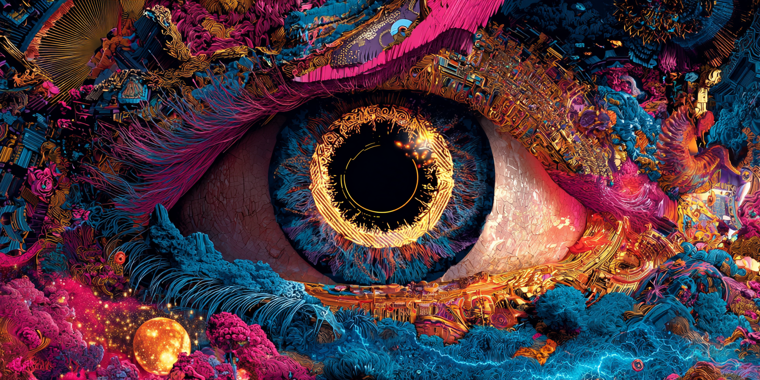 A single luminous eye opening within a dark cosmic field, iris glowing like a galaxy — symbolic of perception and awareness in the Universal Language of Mind