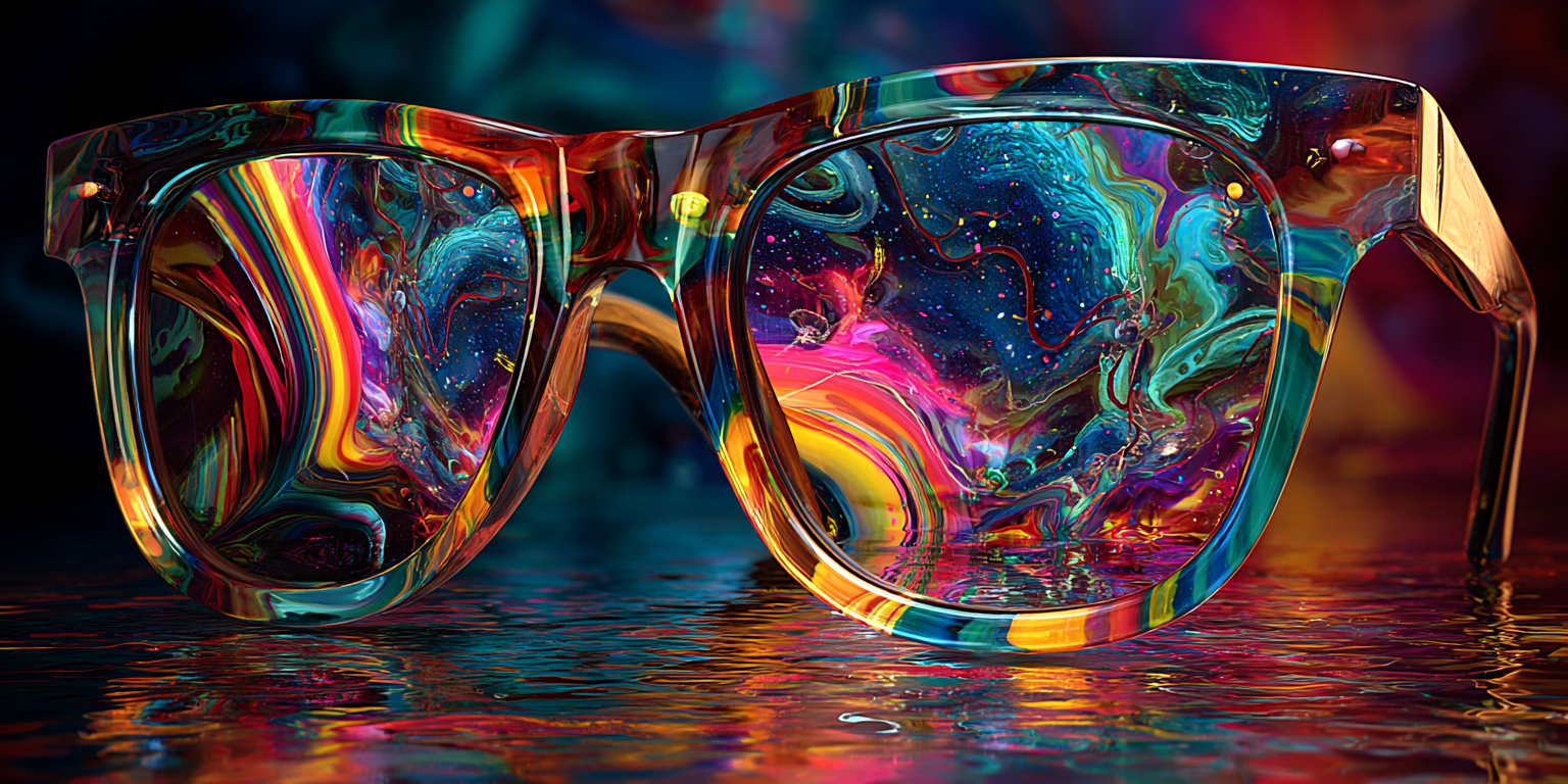 Eyeglasses with vibrant swirling lenses in a dreamlike cosmic space, symbolizing perspective in the Universal Language of Mind