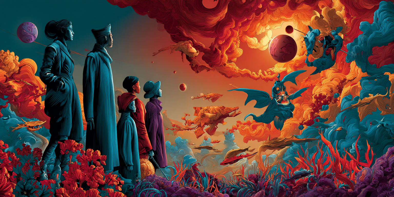 A family of four standing before a vast cosmic landscape, symbolizing the inner household of aspects of the self in the Universal Language of Mind