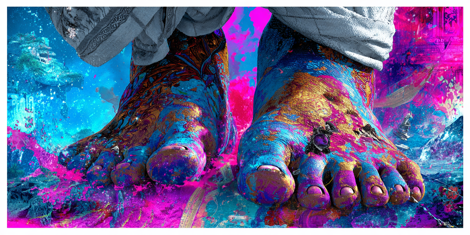 Bare feet grounded on earth in vibrant mystical surrealism, symbolizing the spiritual foundation in the Universal Language of Mind