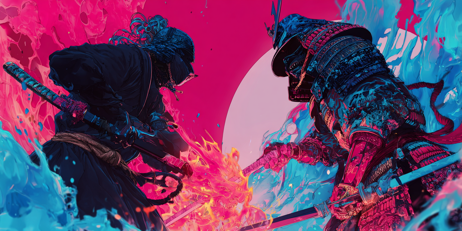 Two figures locked in a fiery duel against a red moon, symbolizing one aspect of the self forcibly ending another in the Universal Language of Mind