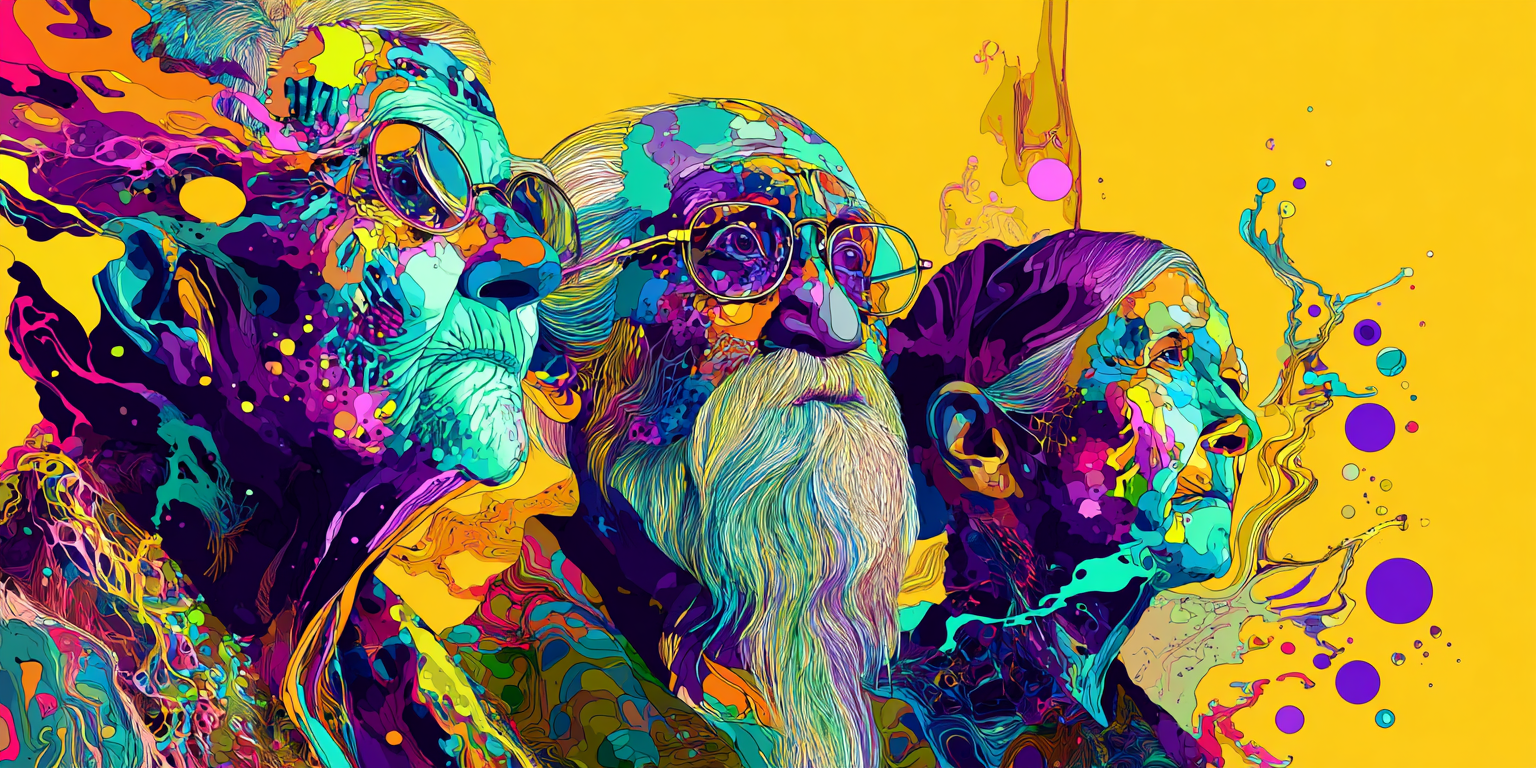 Three generations of an elder family in profile, painted in bright swirls of colour, all gazing the same way