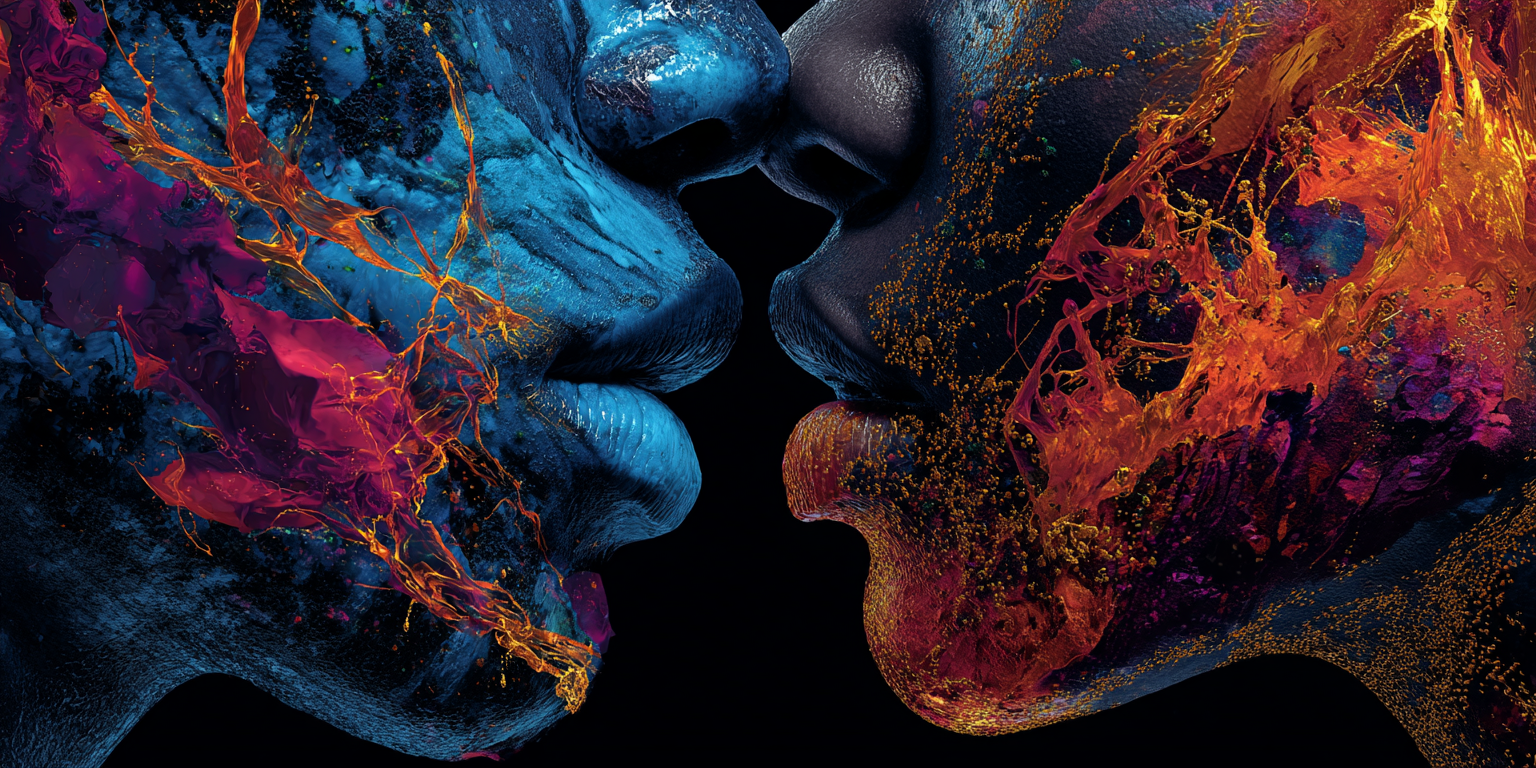 Two faces meeting in a kiss, one rendered in cool blue and one in fire orange, mystical hyper-surrealism — self-love in the Universal Language of Mind