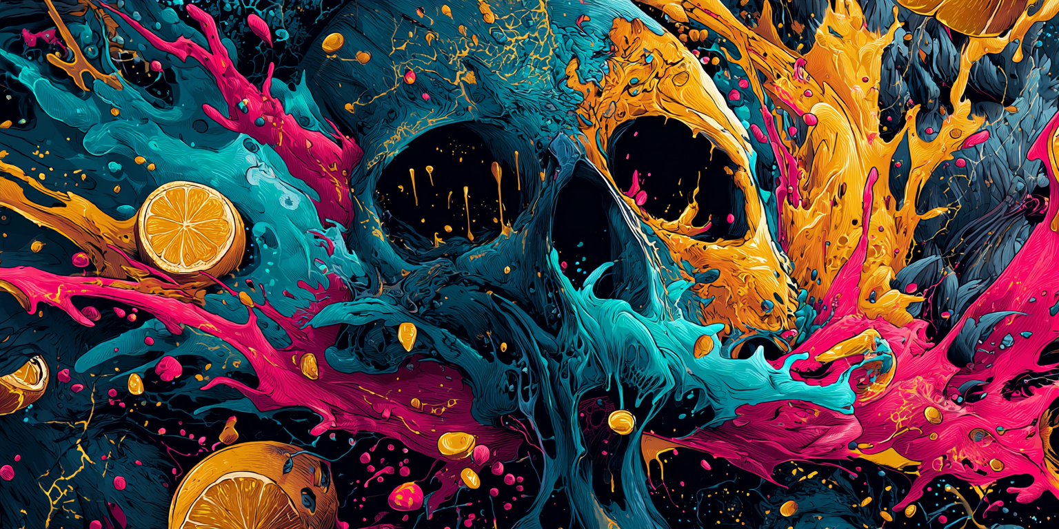 A skull dissolving into toxic splatters of citrus, teal and magenta in mystical hyper-surrealism — self-sabotaging thoughts in the Universal Language of Mind
