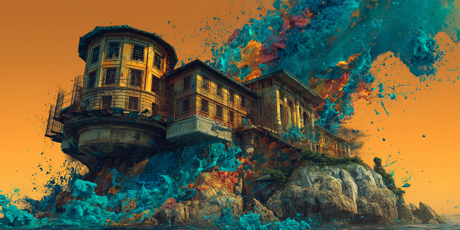A tall stone building perched on a rocky islet surrounded by turquoise water and amber sky, illustrating the island as an isolated state of mind in the Universal Language of Mind
