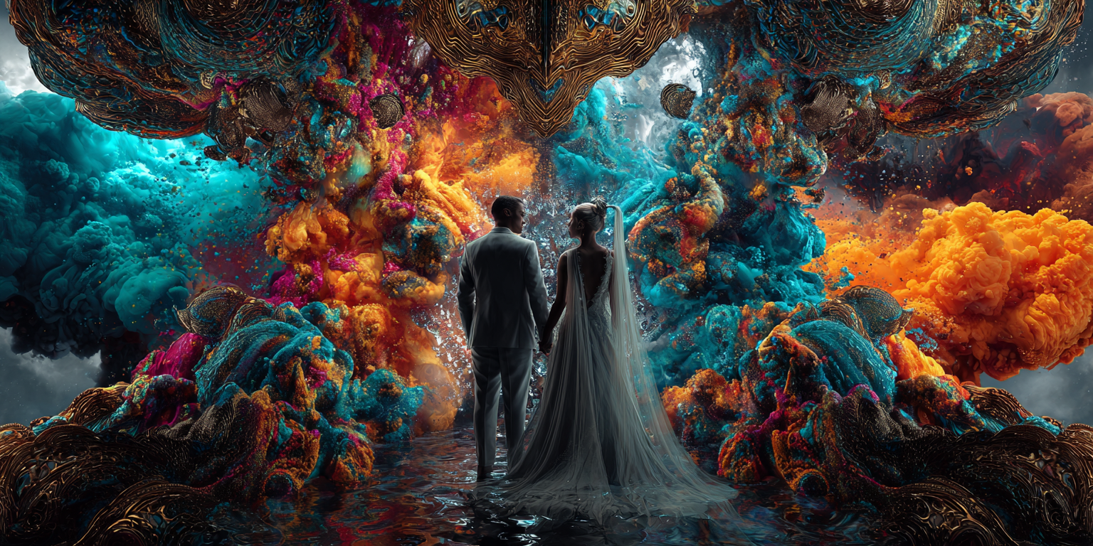 A bride and groom walking hand in hand into a storm of colour, illustrating a wedding dream as a stronger commitment to the Self