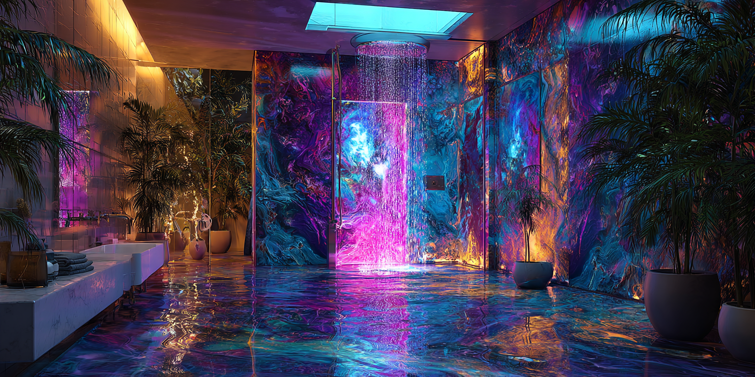 Surreal shower scene in mystical hyper-surrealism representing a mental cleanse in the Universal Language of Mind — CHITTA, Tarak Uday.