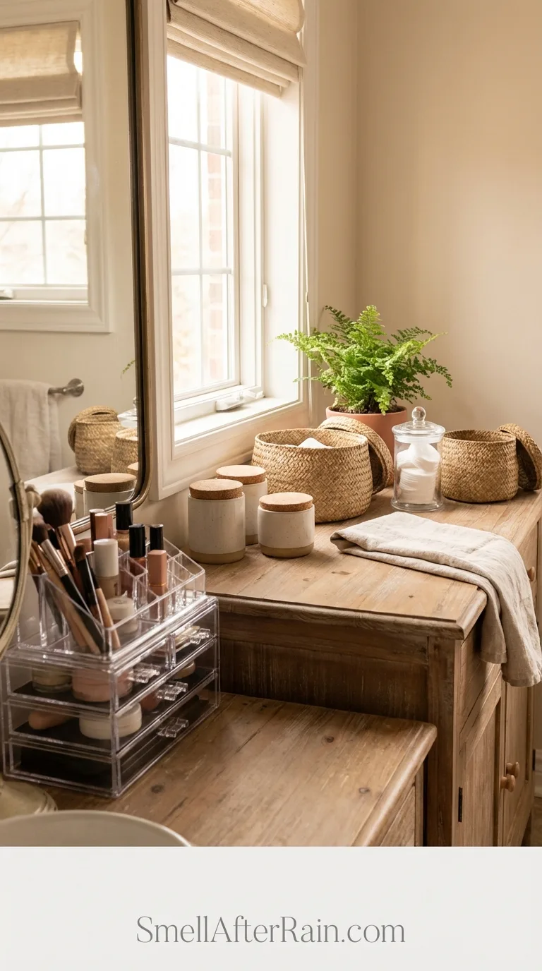 Cute bathroom ideas showcasing woven baskets instead of plastic storage bins.