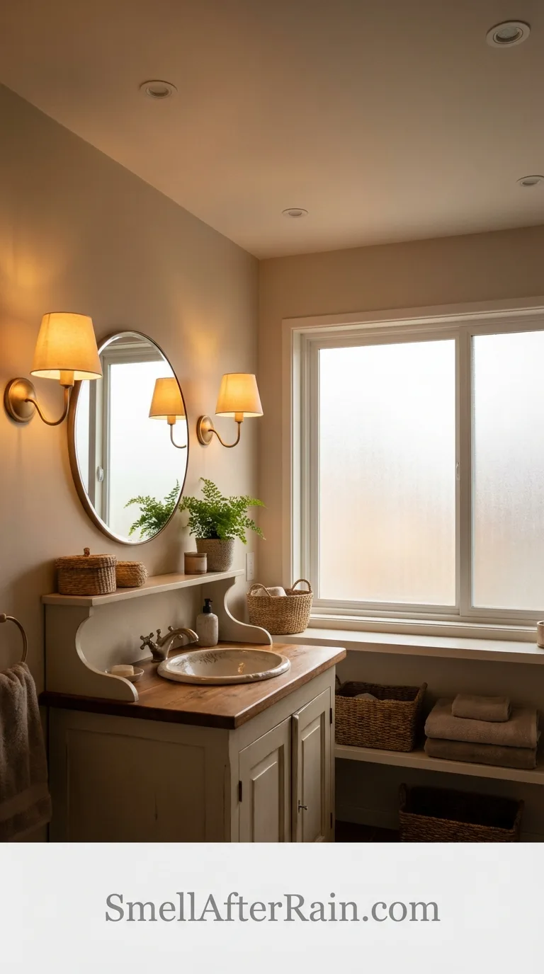Soft ambient sconce lighting replacing harsh overhead lights in a cute bathroom.